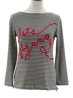 Kate Spade New York Black White Striped “Let’s Fly Away” Embroidered Boat Neck